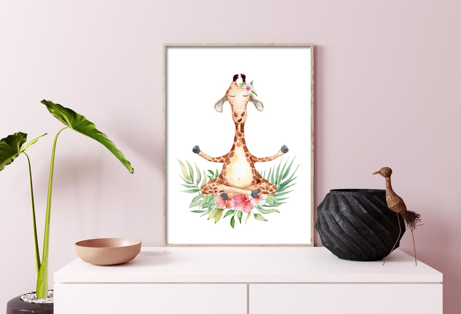 Giraffe in yoga pose print, funny giraffe wall decor, gift for yoga lover