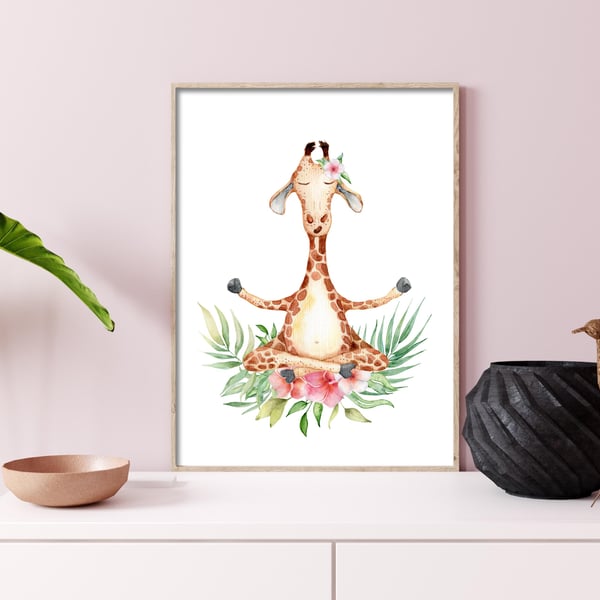 Giraffe in yoga pose print, funny giraffe wall decor, gift for yoga lover