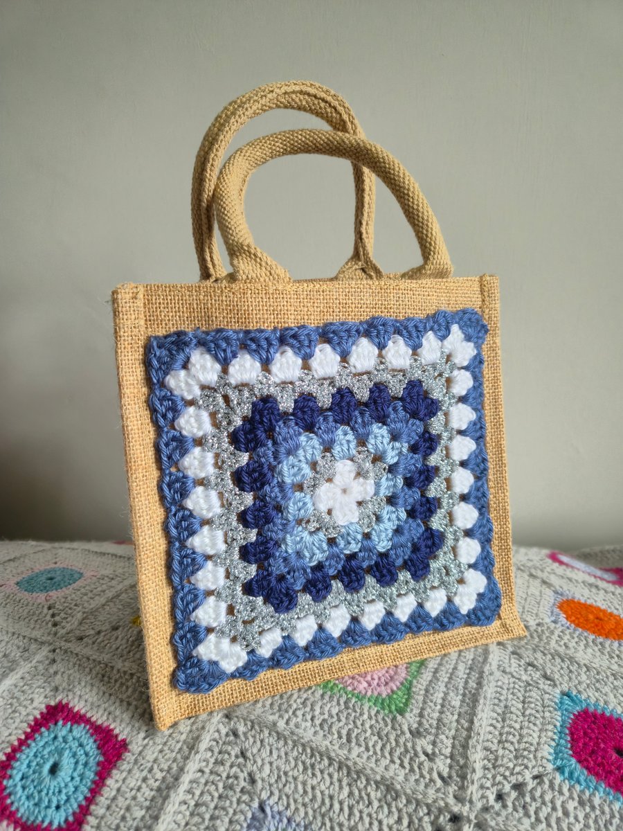 Small Crocheted Granny Square Jute Bag,  Lunch Bag, Gift Bag, Project Bag