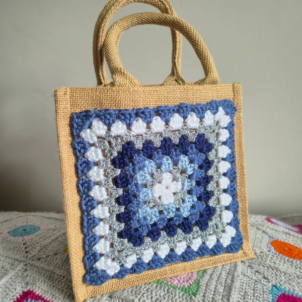 Small Crocheted Granny Square Jute Bag,  Lunch Bag, Gift Bag, Project Bag