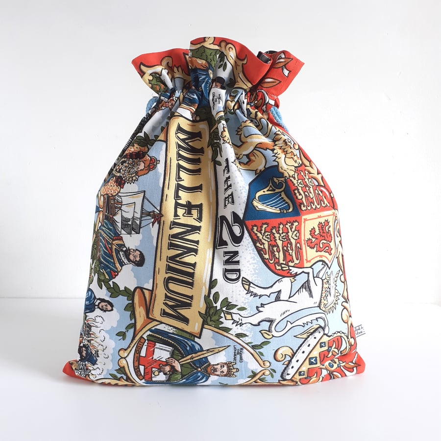 Vintage Millennium upcycled tea towel drawstring bag man bag  