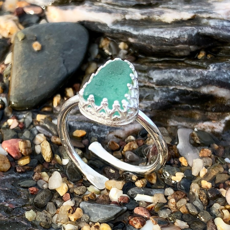 Adjustable Aqua Statement Sea Glass and Sterling Silver Ring - 1251