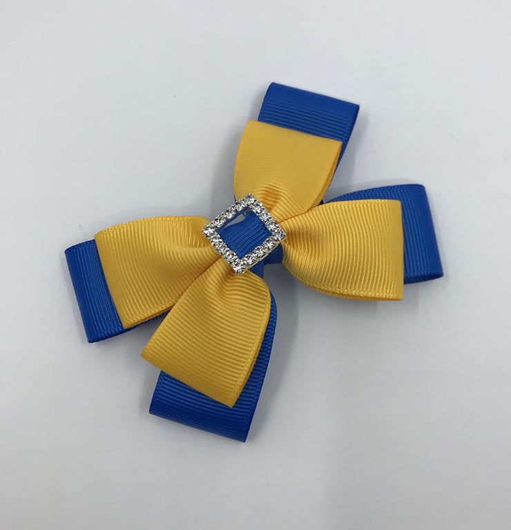 Royal Blue and Yellow Gold Double Layer Bow on Clip