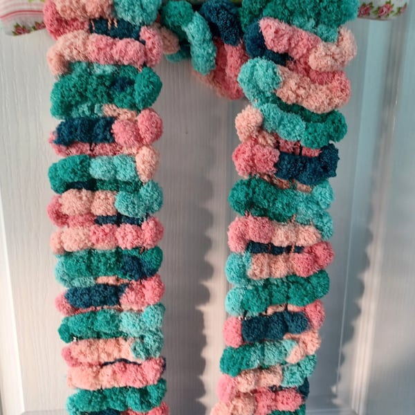 Dark Greens, Salmon, Light Pink and Blue-Green Multicoloured Furry Scarf