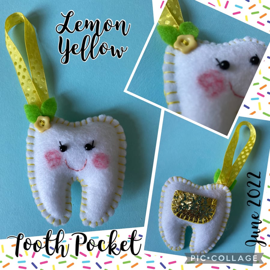 Tooth Fairy Pocket Lemon Yellow On white Felt and Gold Glitter Teeth 