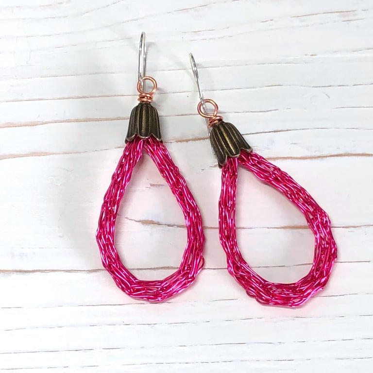 Woven Wire Drop Earrings in Deep Pink with Silver Ear Wires