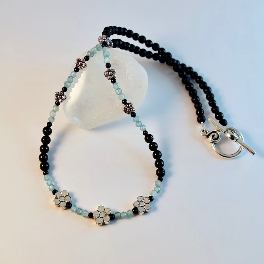 Faceted Apatite, Onyx and Flower Necklace - Birthday, Anniversary, Gift For Her