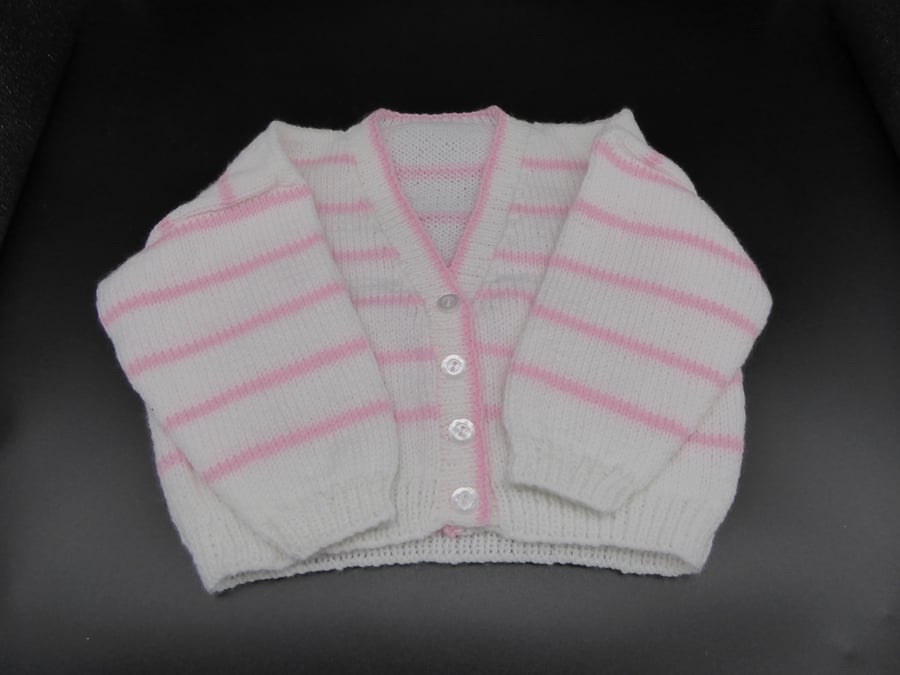 White 4ply cardigan with pink stripes