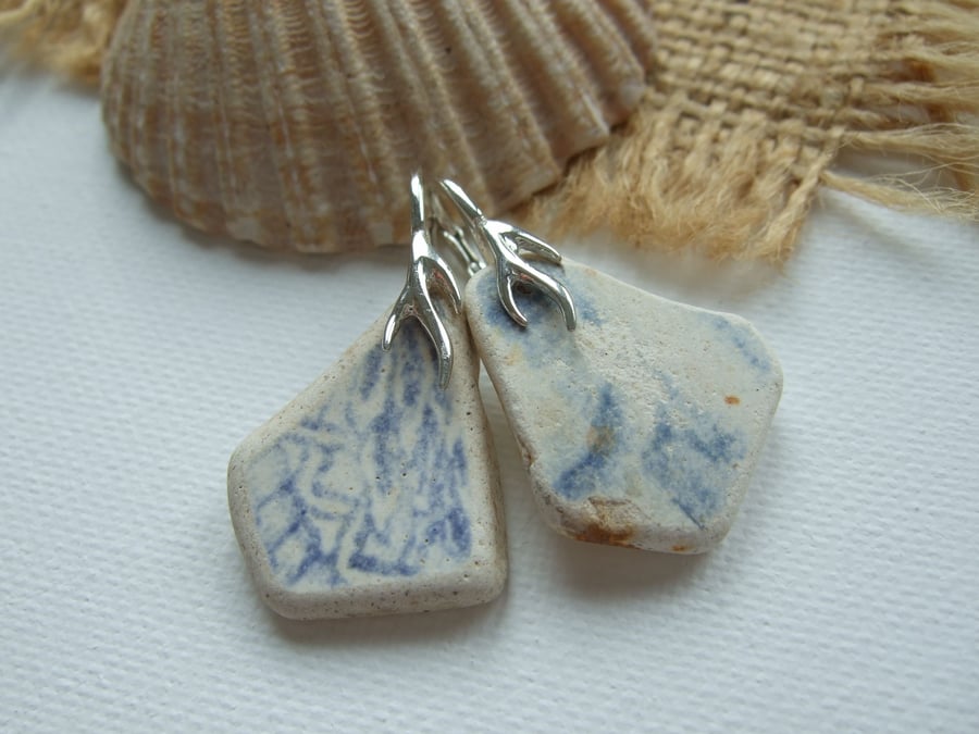 Scottish sea pottery blue jewellery, lever back with delicate pattern, sterling