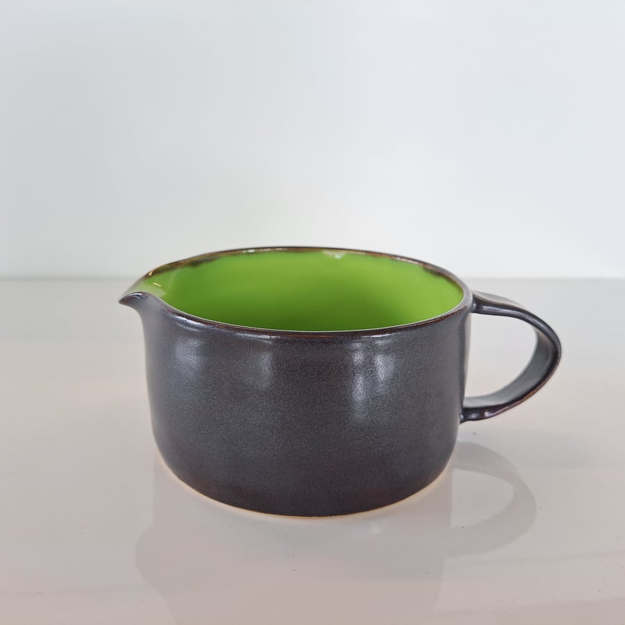 HAND MADE CERAMIC SAUCE BOAT - glazed in lime green and charcoal