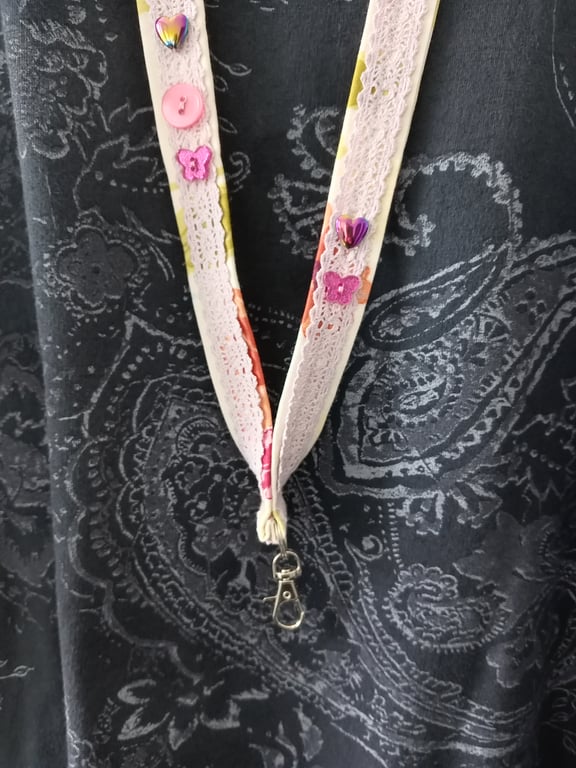 Pretty Hematite Embellished Lace Trimmed Lanyard ID Badge Key Holder Cord Strap