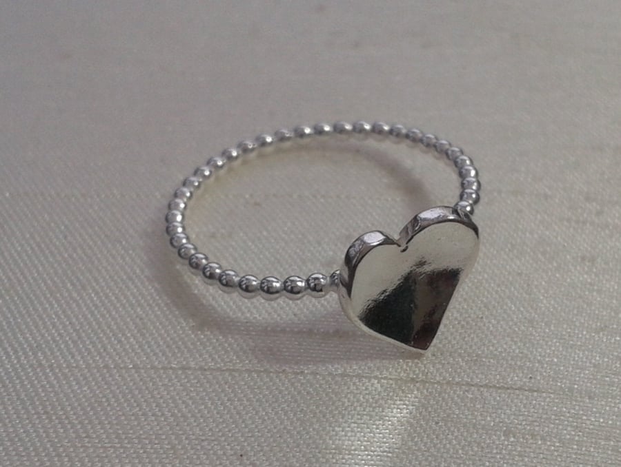  Beaded Sterling Silver Ring with Domed Heart, size O-P