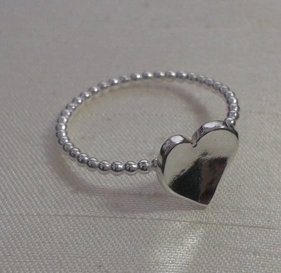  Beaded Sterling Silver Ring with Domed Heart, size O-P