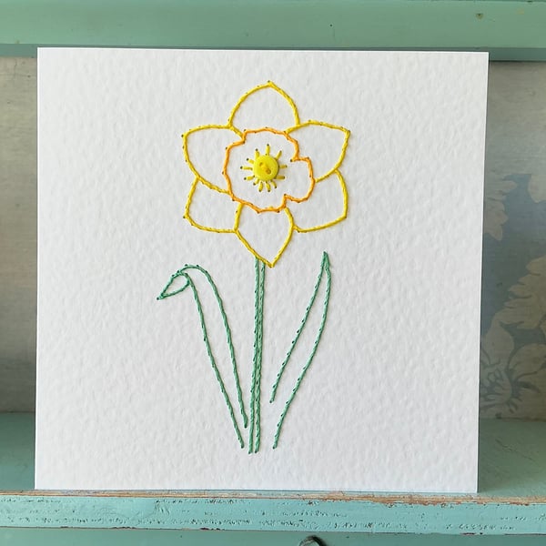 Hand Stitched Daffodil Card. Blank Card. Mothers Day Card. Daffodils. Flowers.