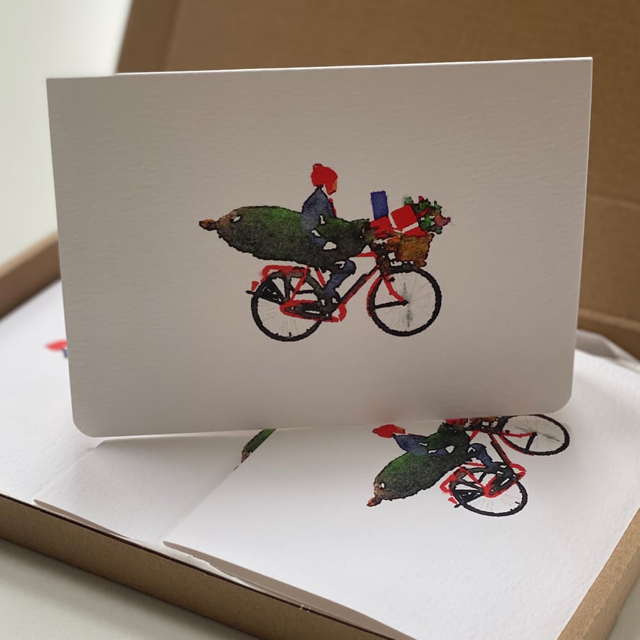 5 pack Christmas Cards Man on a bike carrying everything 