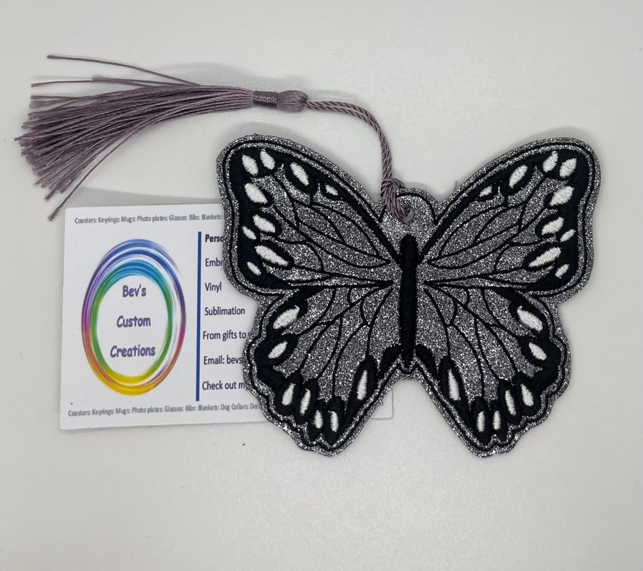 Butterfly Embroidered Bookmark, full silvery