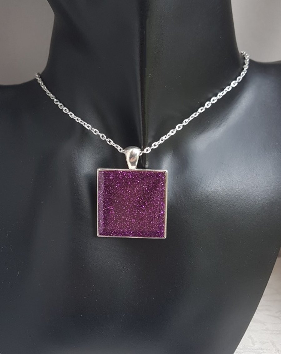 Gorgeous Glittery Purple Resin Square Pendant on Chain - Silver Tones