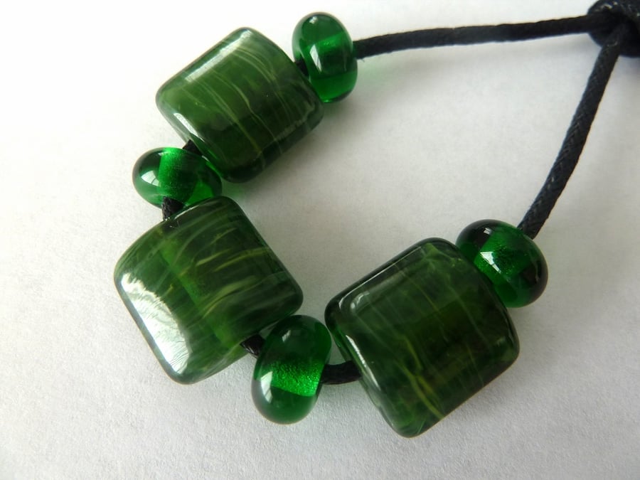 handmade lampwork glass beads, green set