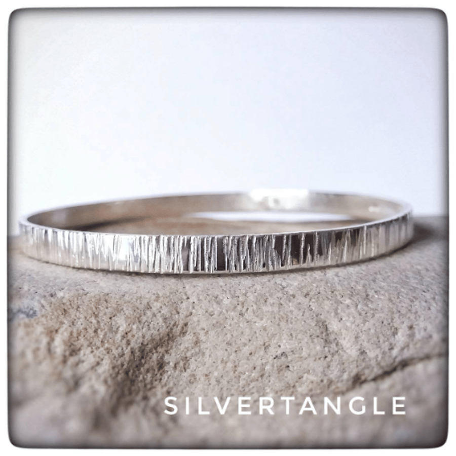 Textured Sterling Silver Flat Bangle - 925 Hallmarked - FREE UK P&P