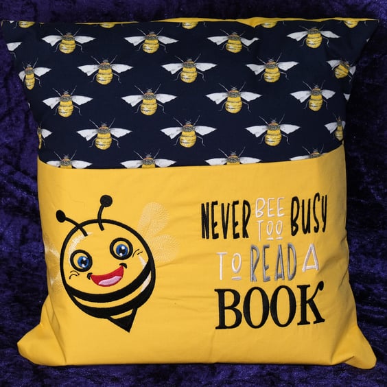 Embroidered bee reading cushion 