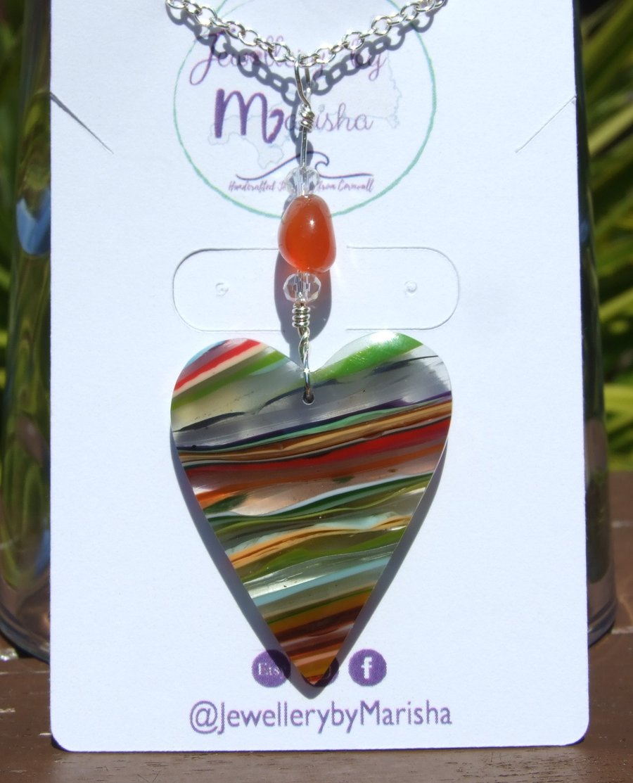Surfite Multicoloured Heart on Sterling Silver Necklace with Carnelian Gemstone