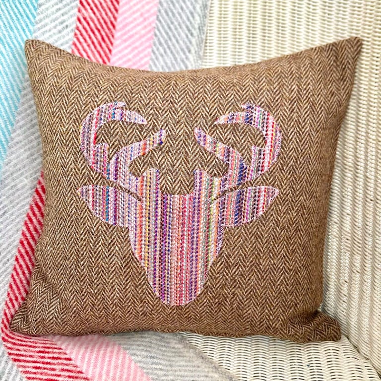 Tweed Appliqué Stag Scatter Cushion with Pad, Brown 36x36cm