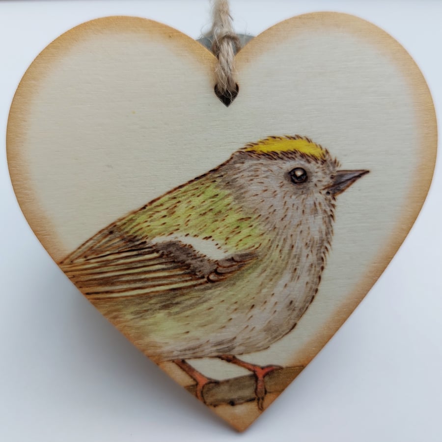 Goldcrest pyrography hanging heart ornament 