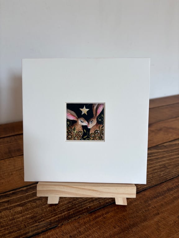 Mounted ACEO Whimsical Kissing Hares Rabbits under a Star Watercolour Edition