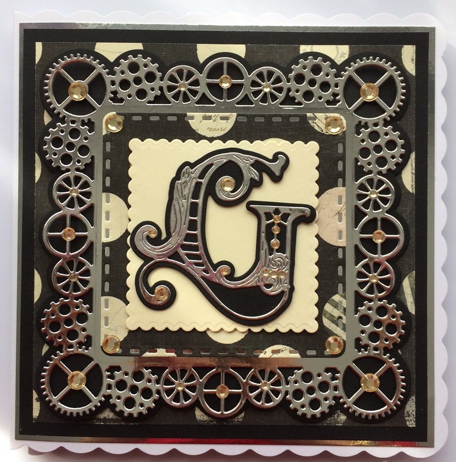 Happy Birthday Card Steampunk Cogs Personalised Initial 3D Luxury Handmade Card