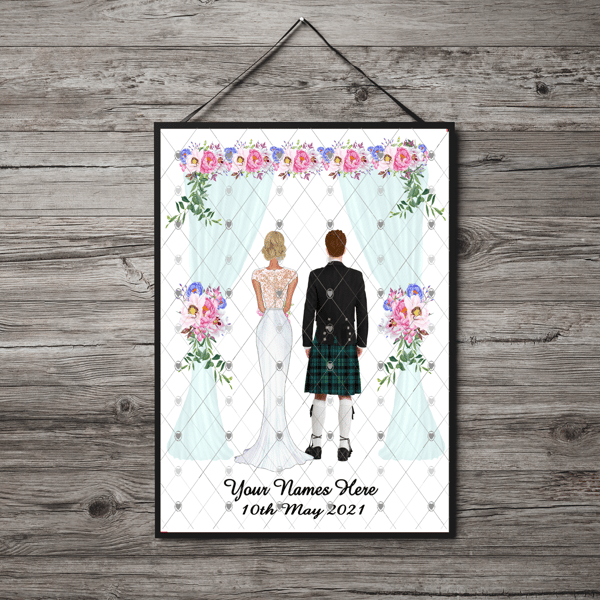 Scottish Bride & Groom Personalised Print, Custom Bride and Groom Picture