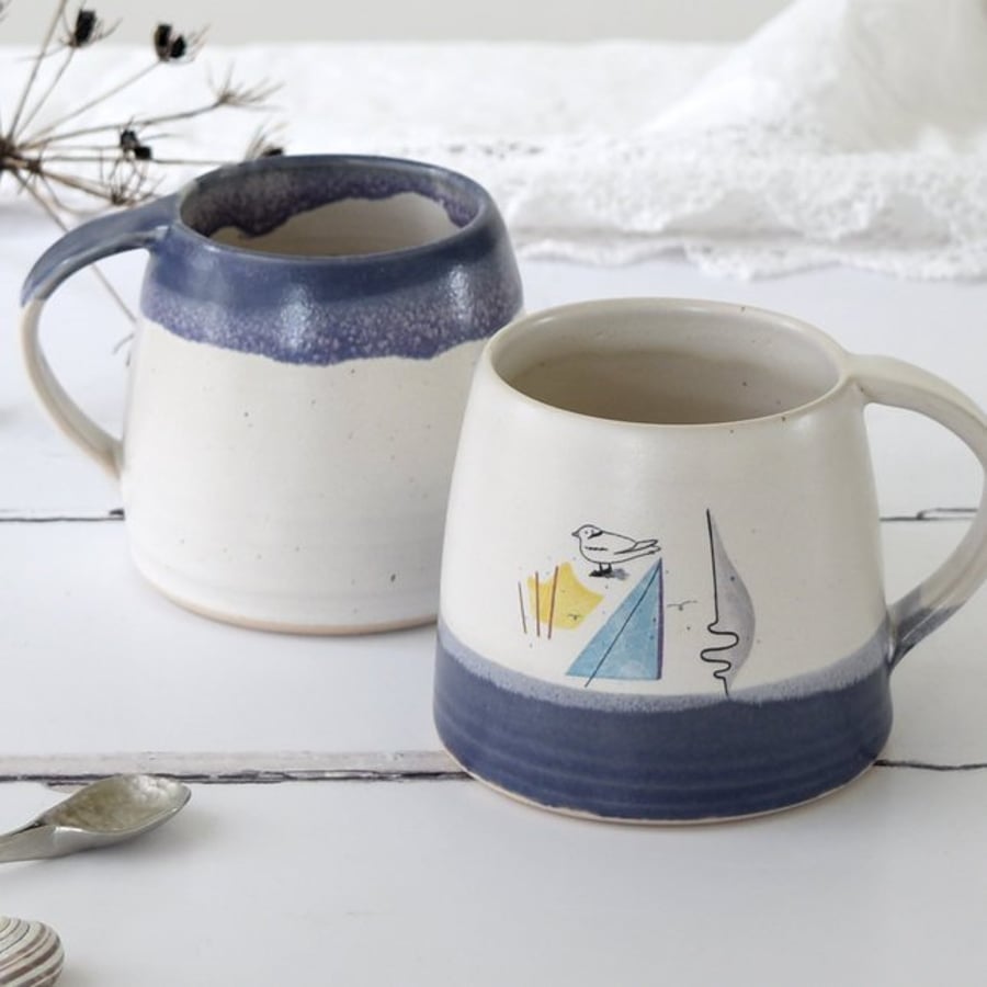 Handmade blue and white seaside mug, coastal ceramic coffee and tea mug