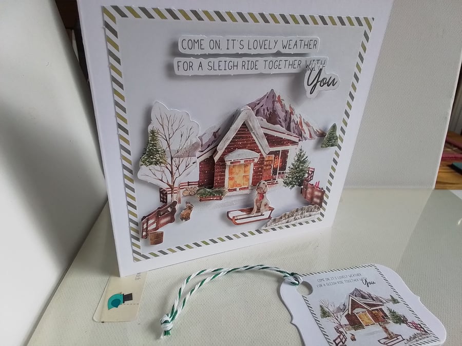 Christmas card and gift tag set. 3D Christmas card. Handmade Christmas card. 922