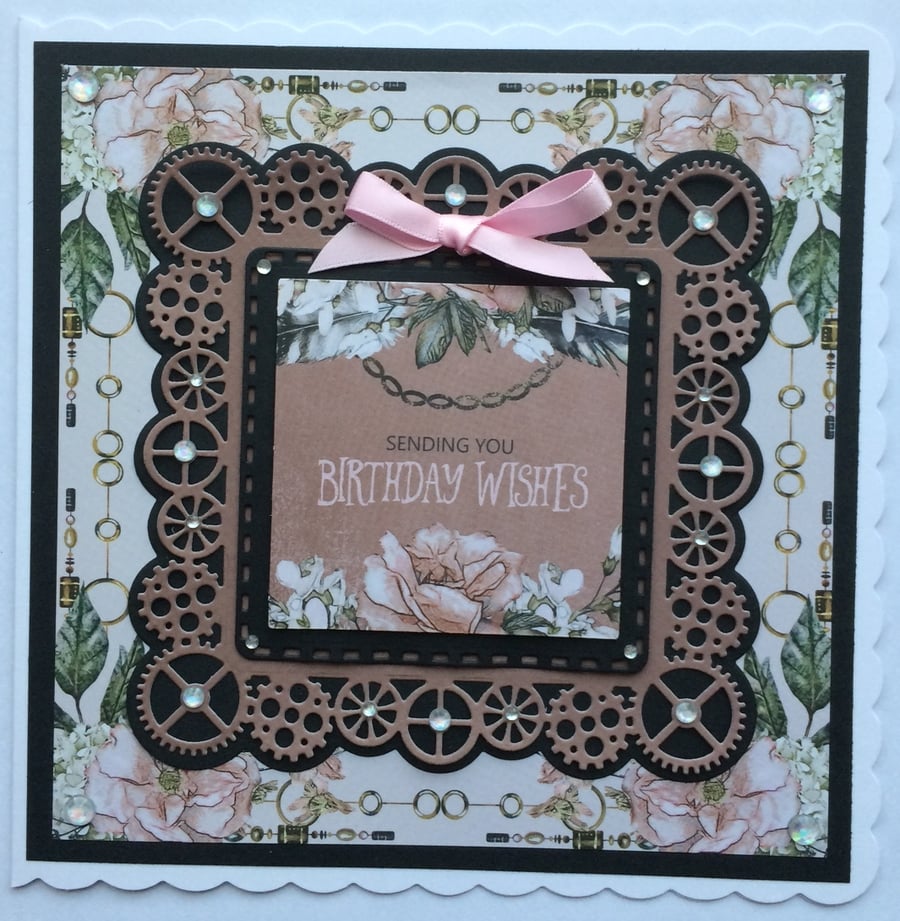Steampunk Card Sending You Birthday Wishes Vintage Flowers 3D Luxury Handmade