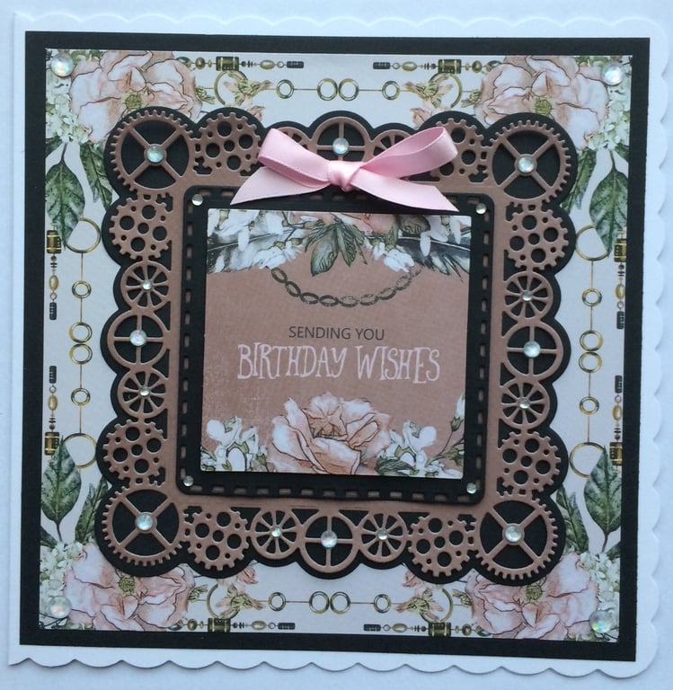 Steampunk Card Sending You Birthday Wishes Vintage Flowers 3D Luxury Handmade