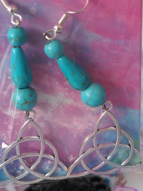 Turquoise Beaded Dangle Earrings With Celtic Knot Triangular Charms
