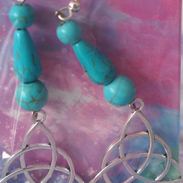 Turquoise Beaded Dangle Earrings With Celtic Knot Triangular Charms