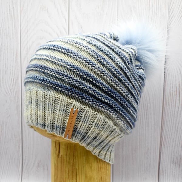 Hand Knitted "Two Tone Toorie" beanie hat in blue and cream - Medium