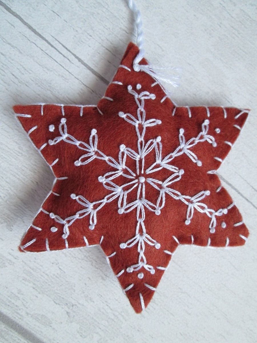 SOLD - Hand Embroidered Felt 'Gingerbread' Snowflake Tree Decoration - G