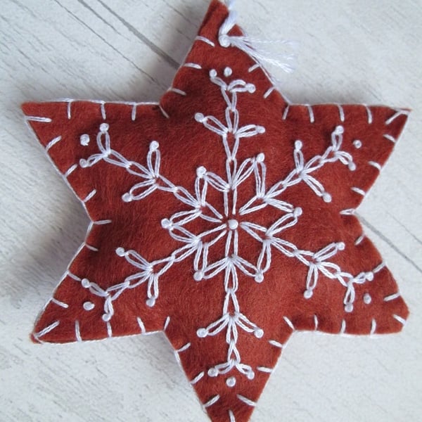 SOLD - Hand Embroidered Felt 'Gingerbread' Snowflake Tree Decoration - G