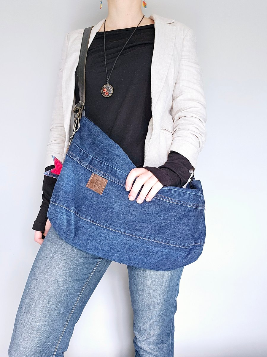Jeans Slouchy Bag, Leather Belt Strap Crossbody upcycled jeans Handbag 