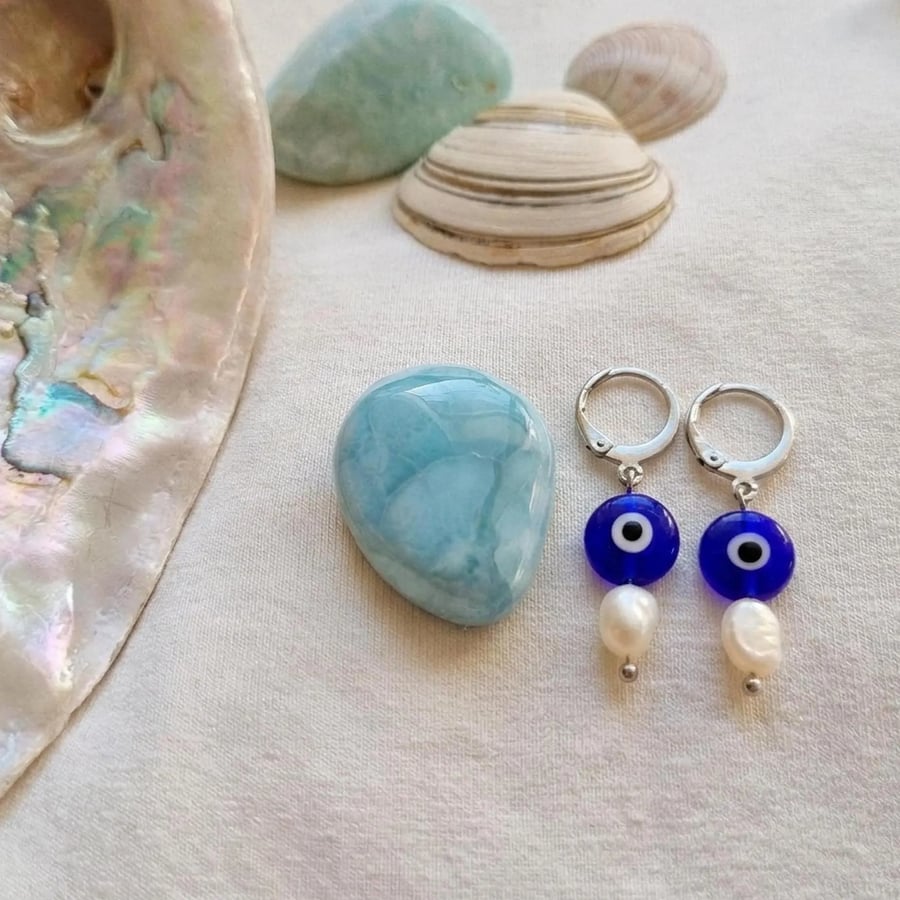 Evil Eye Huggie Hoop Earrings: Freshwater Pearl Drop, Stainless Steel