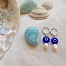 Evil Eye Huggie Hoop Earrings: Freshwater Pearl Drop, Stainless Steel