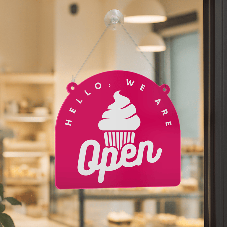 Bakery Open & Closed Sign - Cupcake: Acrylic Double-Sided Hanging Door Plaque