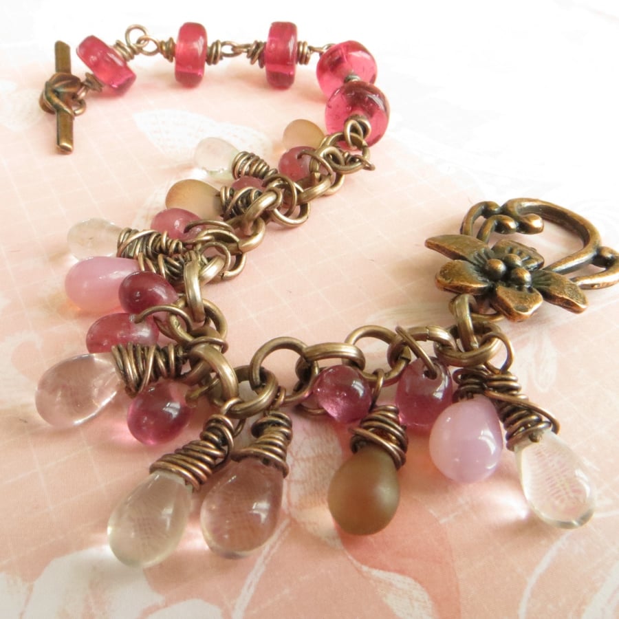SALE - Charm Bracelet, Pink and Copper Charm Bracelet with Flower Clasp