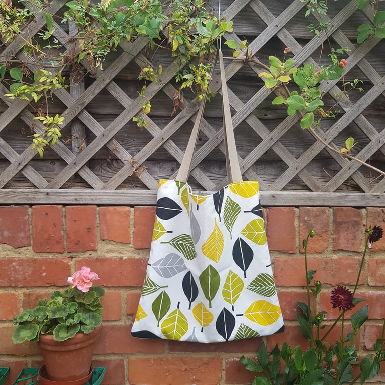 Tote bag; yellow and green leaf: fully lined with inside pocket 