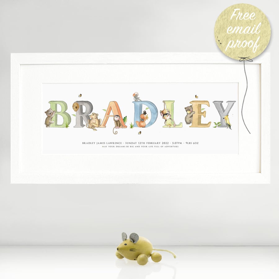 Safari Name print - Kibo and friends - personalised nursery gift, watercolour ar