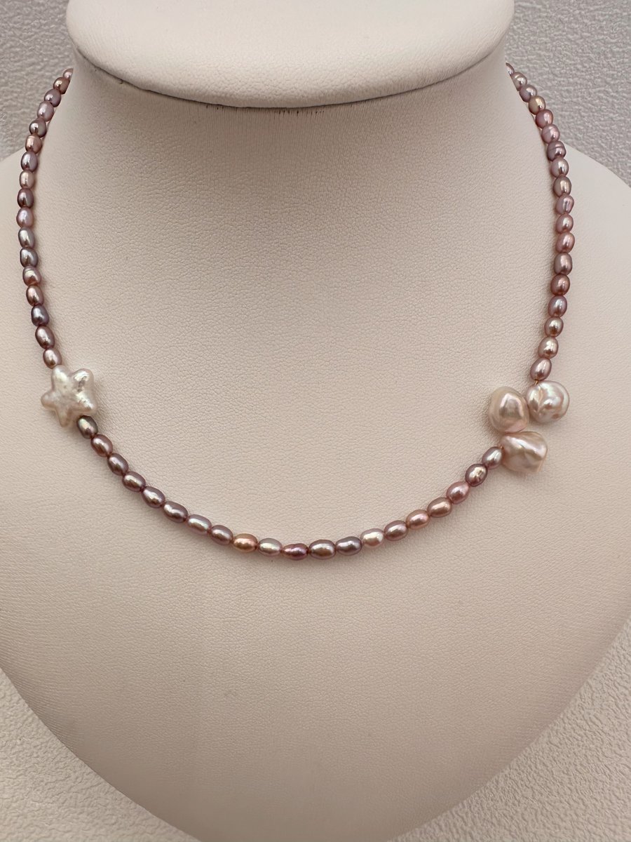 Natural Purple and White Freshwater Star and Petal Baroque Pearl Necklace