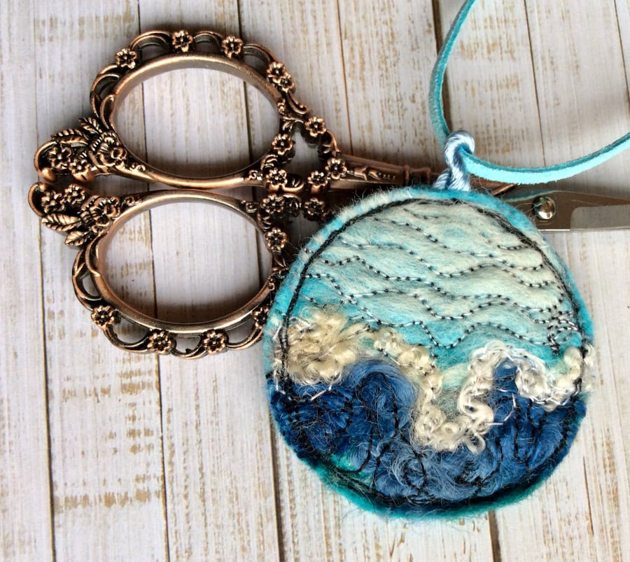 Seascape needle felted embroidered necklace. 