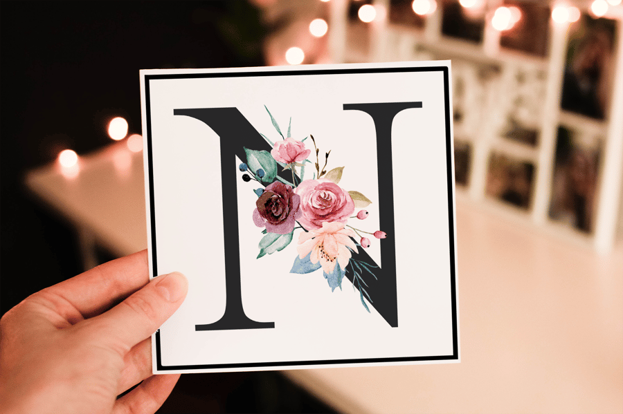Flower Letter Art Birthday Card, Flower Initial Birthday Card, Personalized 