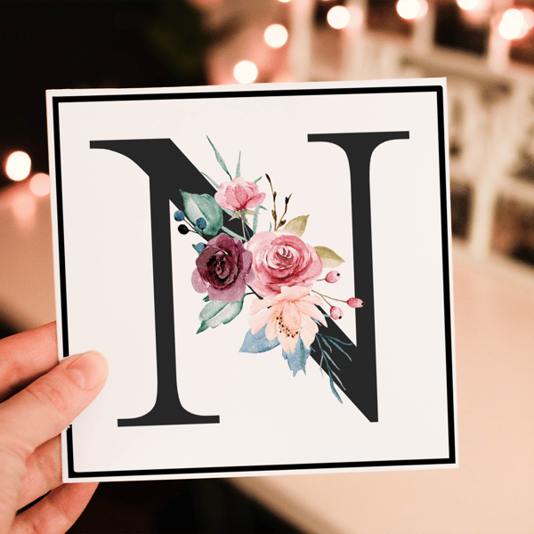 Flower Letter Art Birthday Card, Flower Initial Birthday Card, Personalized 